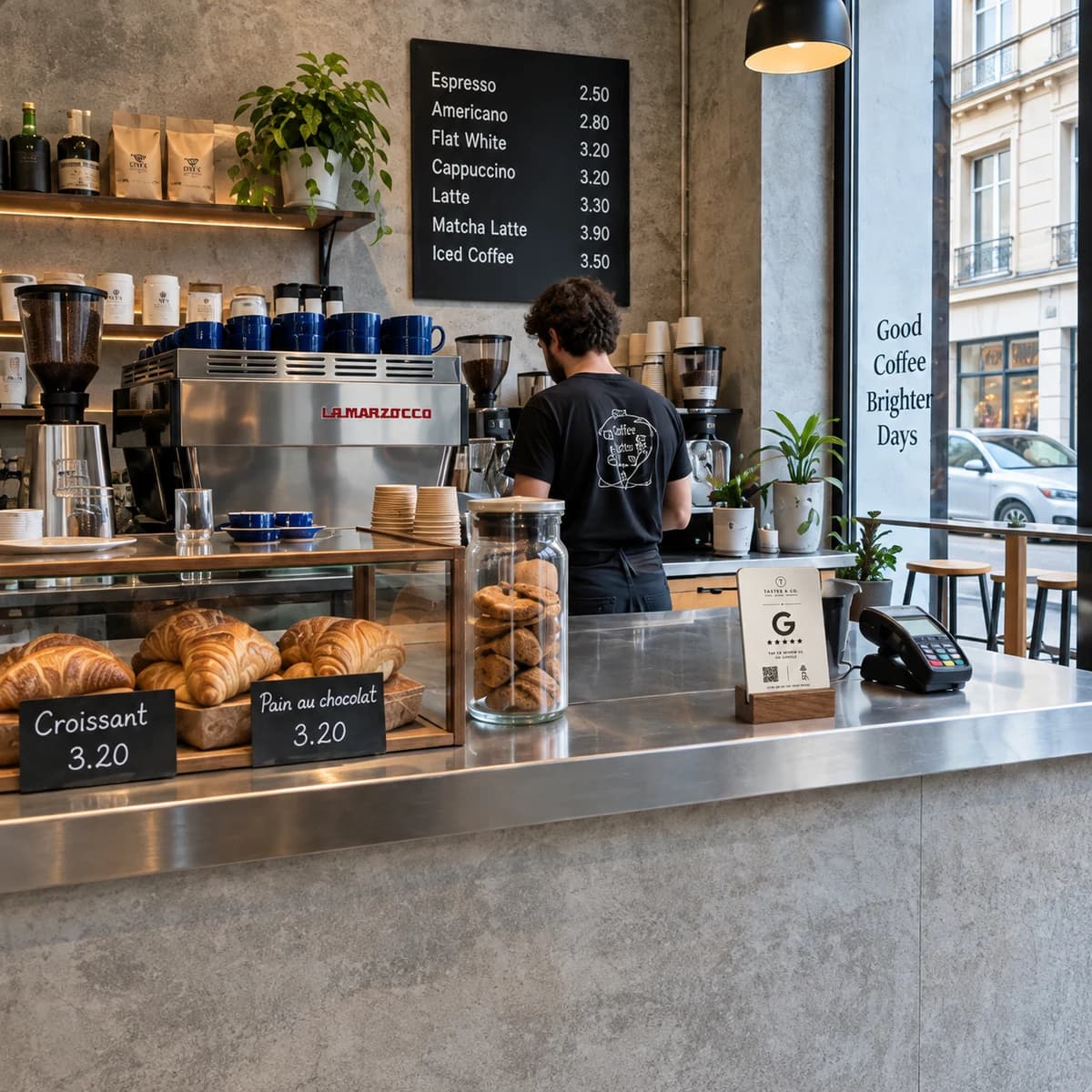 White Google review stand on a café counter beside the checkout, with a barista and espresso machine behind it