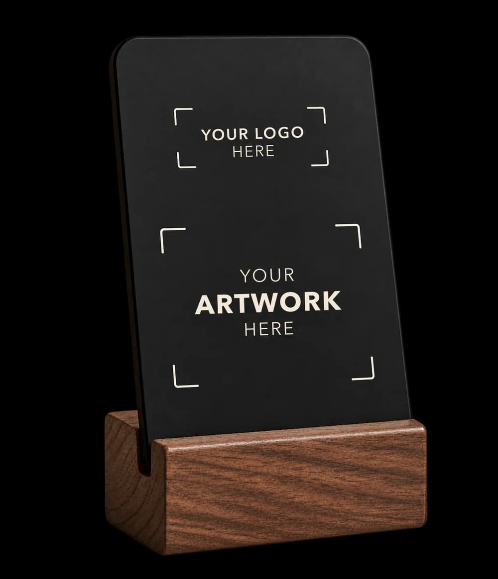 Custom stand in charcoal black with example branding and a wooden base