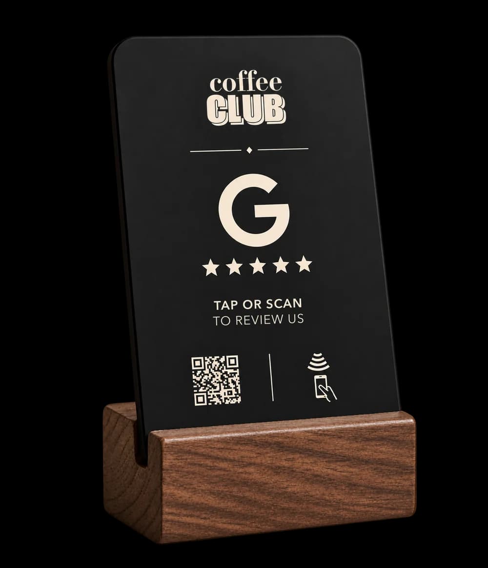 Google Reviews stand in charcoal black with custom branding and a wooden base
