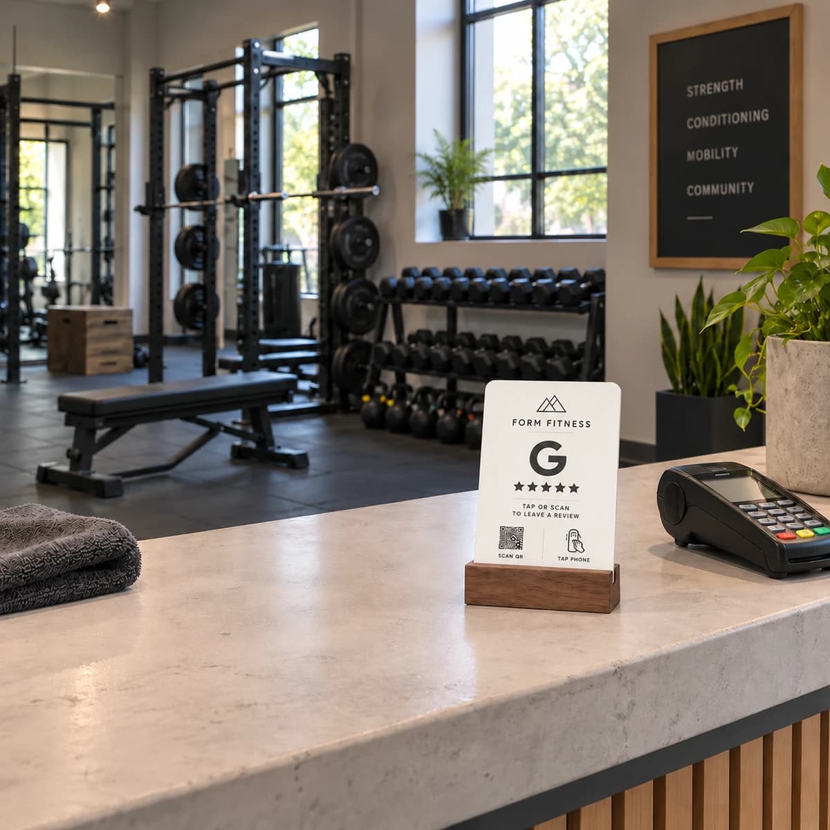 White Google review stand on a gym reception counter, with weights and training equipment behind it