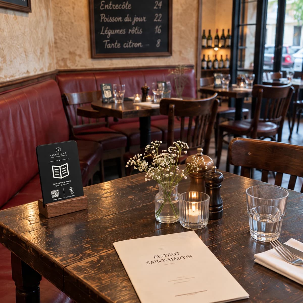 Black menu stand on a bistro table, with a red banquette and dining room behind it