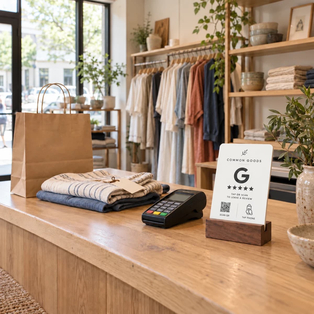 White Google review stand beside a payment terminal on a boutique checkout counter, with clothing racks and shelves behind it