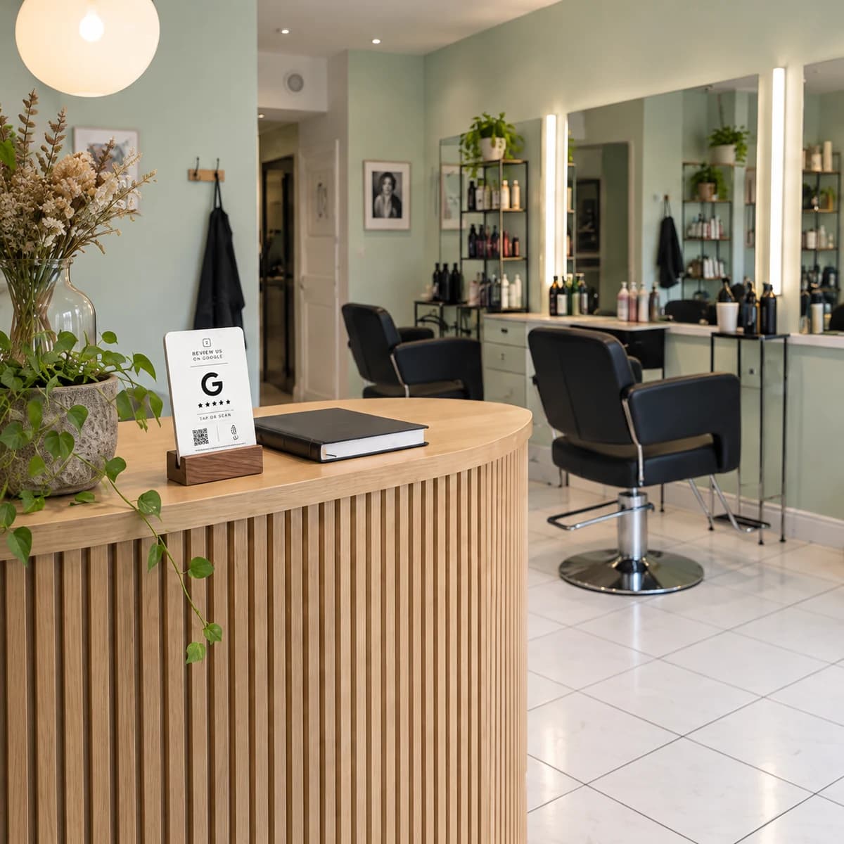 White Google review stand on a salon reception desk, with styling chairs and mirrors in the room