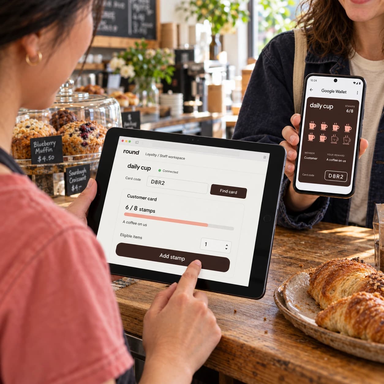 A staff member adds a loyalty stamp on a tablet while a customer shows their Google Wallet card