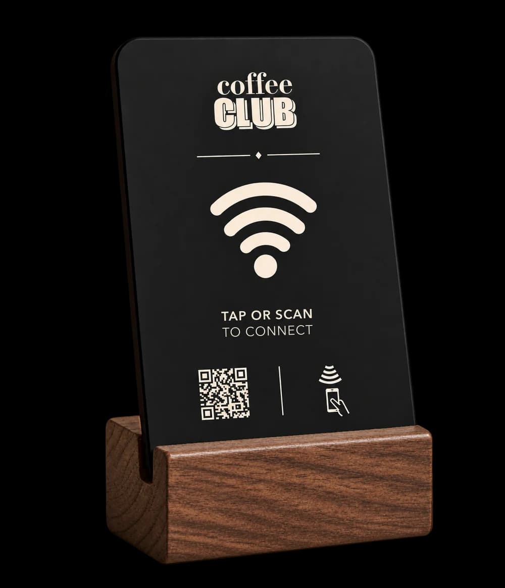 Round Wi-Fi stand in charcoal black with a walnut base