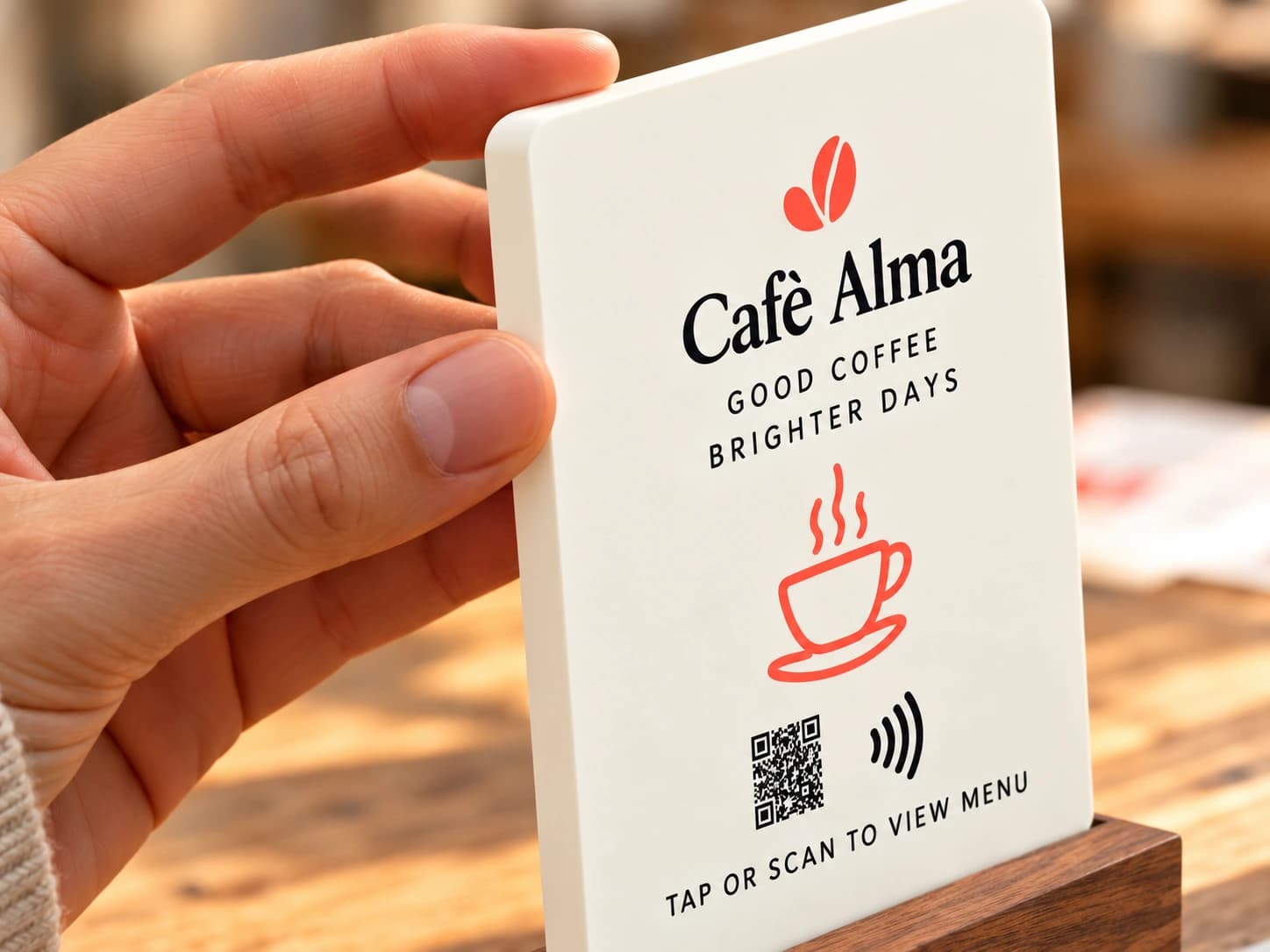 A matte 6 mm acrylic panel with Cafè Alma artwork being checked by hand