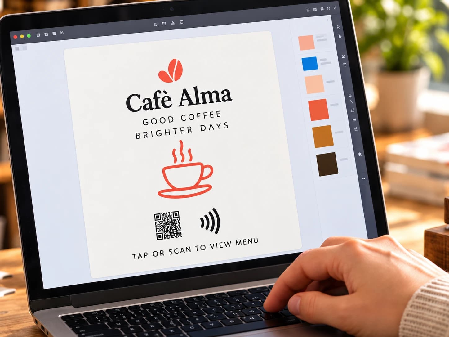 Cafè Alma artwork being prepared on a laptop in the workshop