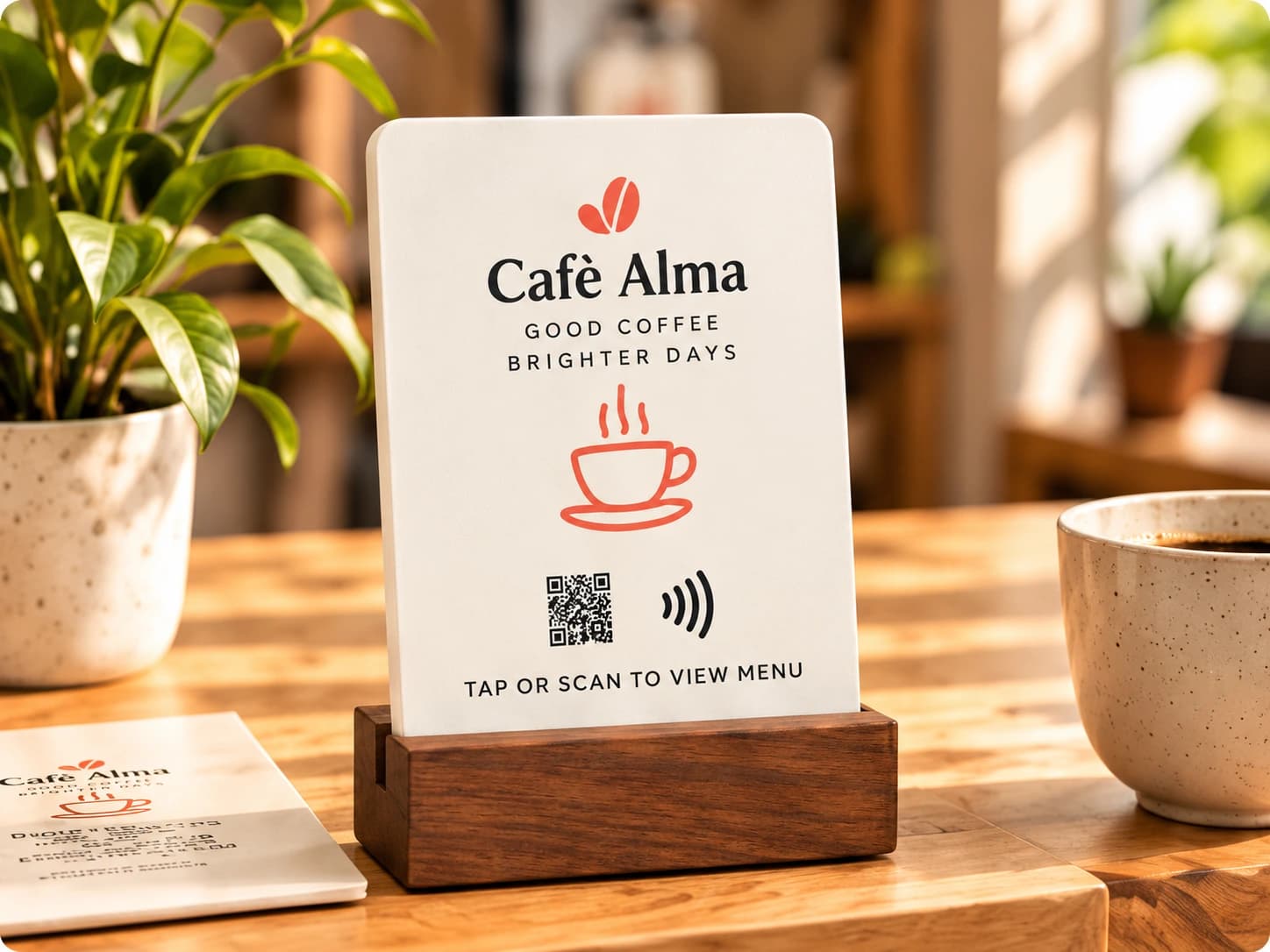 Finished Cafè Alma stand with a matte acrylic panel, QR code and NFC icon on a walnut base