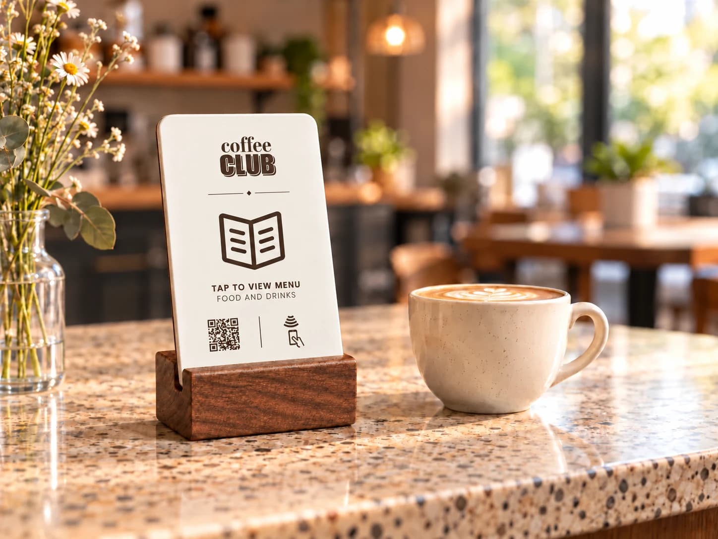 White Coffee Club menu stand with a rectangular acrylic panel, QR code and NFC symbol on a walnut base beside a coffee.
