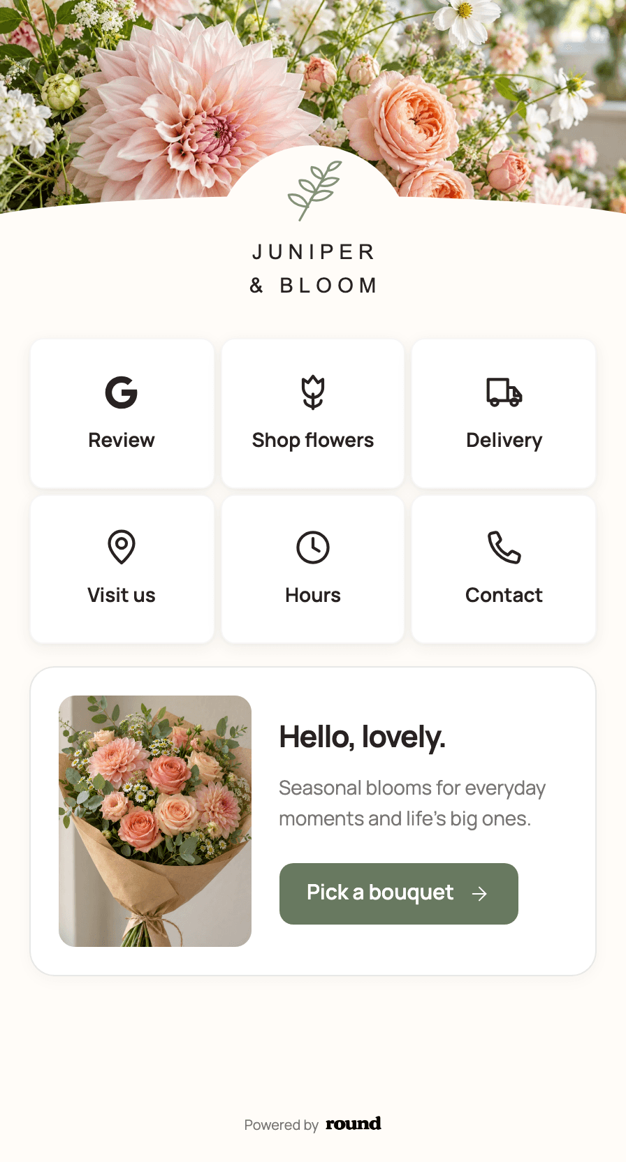 Juniper & Bloom business page with Review first, shop links, and a bouquet offer.