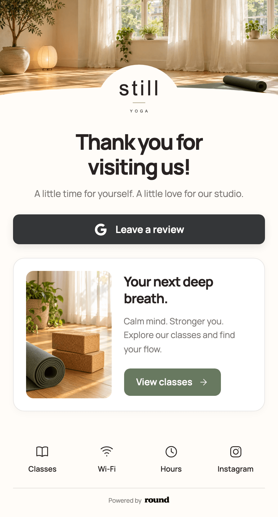 Still Yoga review page with a Google review button and class offer.